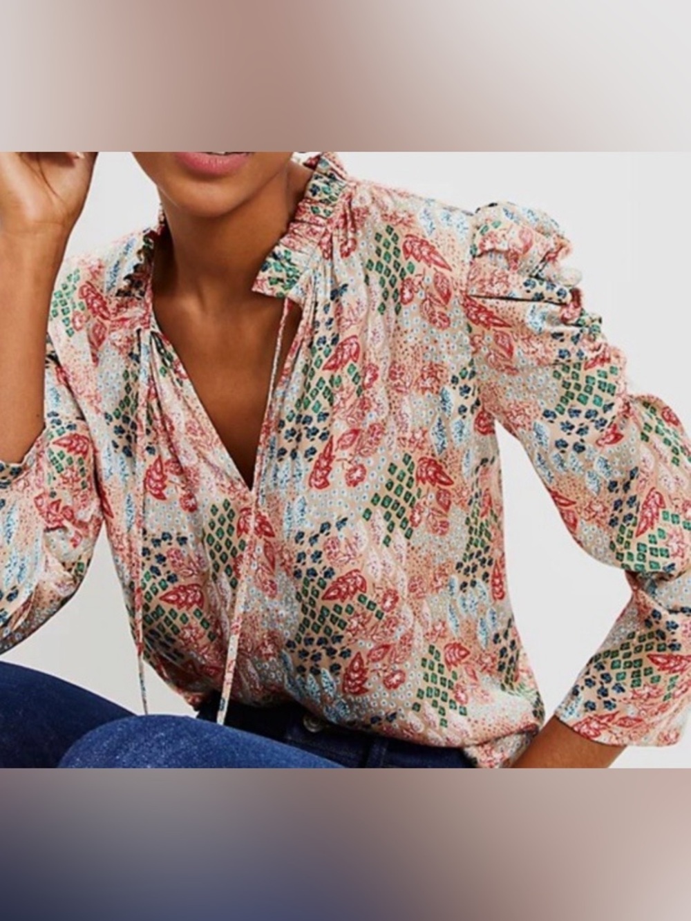 LOFT Floral Cinched Sleeve Tie Neck Mixed Media Blouse Top Sz M